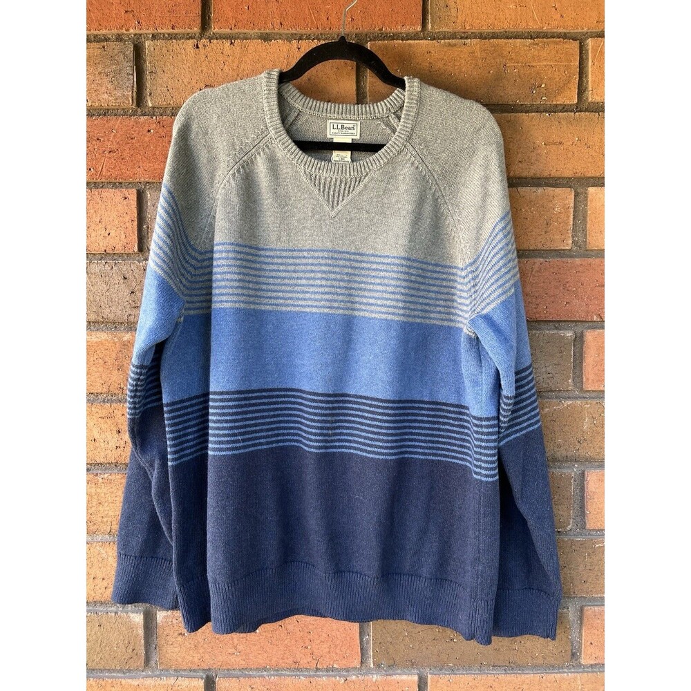 LL Bean V-Neck Sweater Striped Cotton Cashmere | Blue Gray | Mens Size Large‎